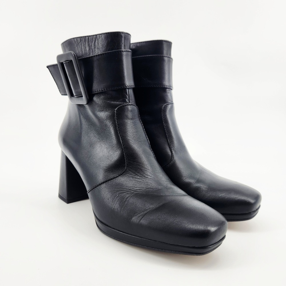 Renatta J op Black Leather Square Toe‎ Block Heel Buckle Ankle Boots Size 8.5